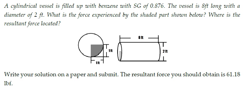 A cylindrical vessel is filled up with benzene with SG of 0.876. The vessel is 8ft long with a
diameter of 2 ft. What is the force experienced by the shaded part shown below? Where is the
resultant force located?
8 ft
1ft
1ft
Write your solution on a paper and submit. The resultant force you should obtain is 61.18
lbf.
