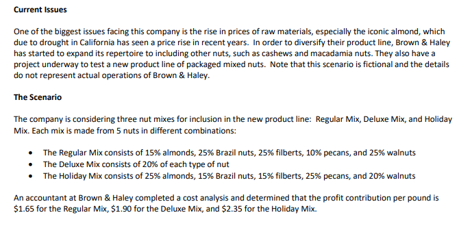 Current Issues
One of the biggest issues facing this company is the rise in prices of raw materials, especially the iconic almond, which
due to drought in California has seen a price rise in recent years. In order to diversify their product line, Brown & Haley
has started to expand its repertoire to including other nuts, such as cashews and macadamia nuts. They also have a
project underway to test a new product line of packaged mixed nuts. Note that this scenario is fictional and the details
do not represent actual operations of Brown & Haley.
The Scenario
The company is considering three nut mixes for inclusion in the new product line: Regular Mix, Deluxe Mix, and Holiday
Mix. Each mix is made from 5 nuts in different combinations:
The Regular Mix consists of 15% almonds, 25% Brazil nuts, 25% filberts, 10% pecans, and 25% walnuts
The Deluxe Mix consists of 20% of each type of nut
The Holiday Mix consists of 25% almonds, 15% Brazil nuts, 15% filberts, 25% pecans, and 20% walnuts
An accountant at Brown & Haley completed a cost analysis and determined that the profit contribution per pound is
$1.65 for the Regular Mix, $1.90 for the Deluxe Mix, and $2.35 for the Holiday Mix.
