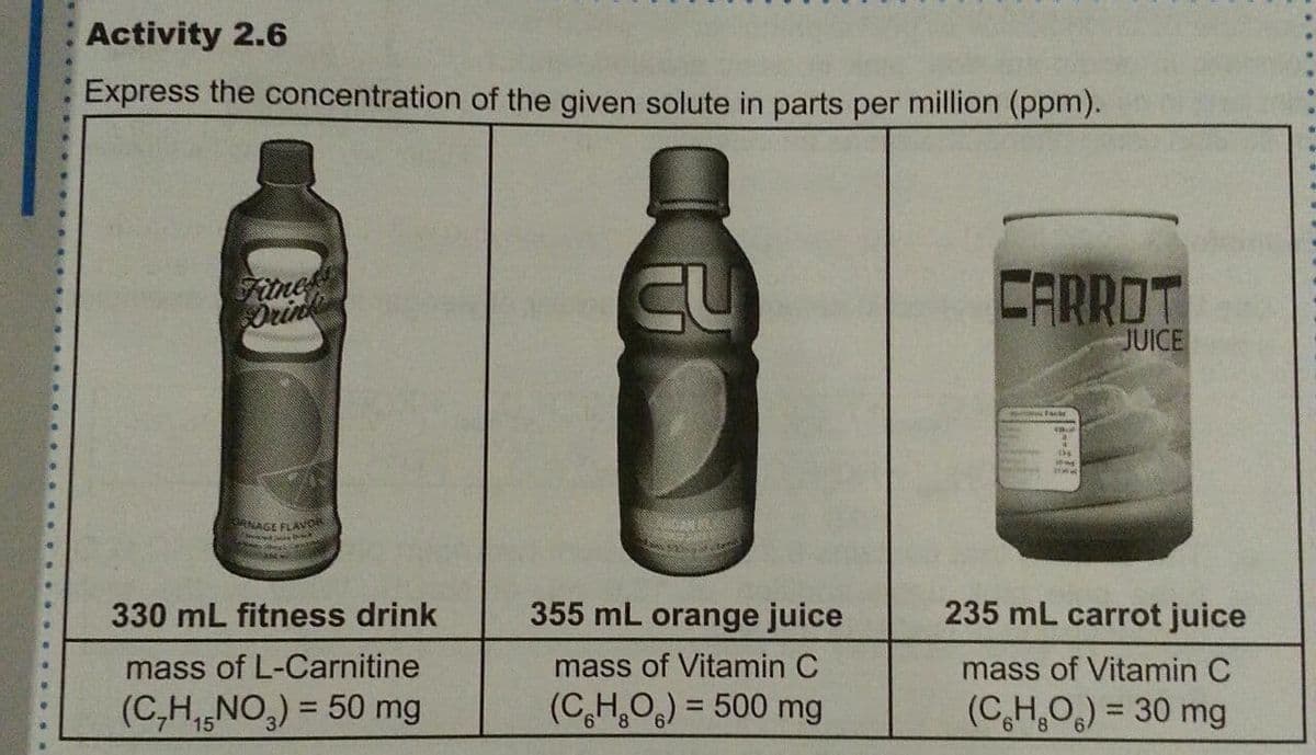 Activity 2.6
Express the concentration of the given solute in parts per million (ppm).
Fitne
Drink
CARROT
JUICE
NAGE FLAVOR
330 mL fitness drink
355 mL orange juice
235 mL carrot juice
mass of L-Carnitine
mass of Vitamin C
mass of Vitamin C
(C,H,NO,) = 50 mg
(C,H,O,) = 500 mg
(C,H,O,) = 30 mg
%3D
