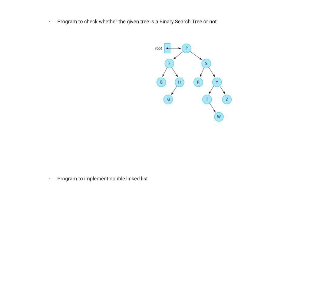 Program to check whether the given tree is a Binary Search Tree or not.
root
H
R
Program to implement double linked list
