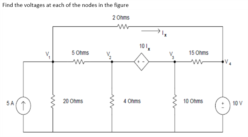 Find the voltages at each of the nodes in the figure
2 Ohms
101
5 Ohms
15 Ohms
20 Ohms
4 Ohms
10 Ohms
5 A
10 V
