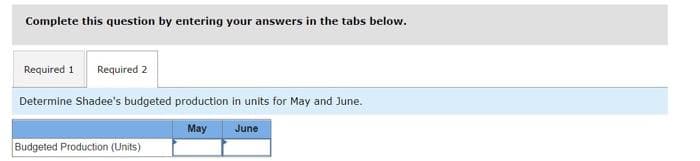 Complete this question by entering your answers in the tabs below.
Required 1 Required 2
Determine Shadee's budgeted production in units for May and June.
May June
Budgeted Production (Units)