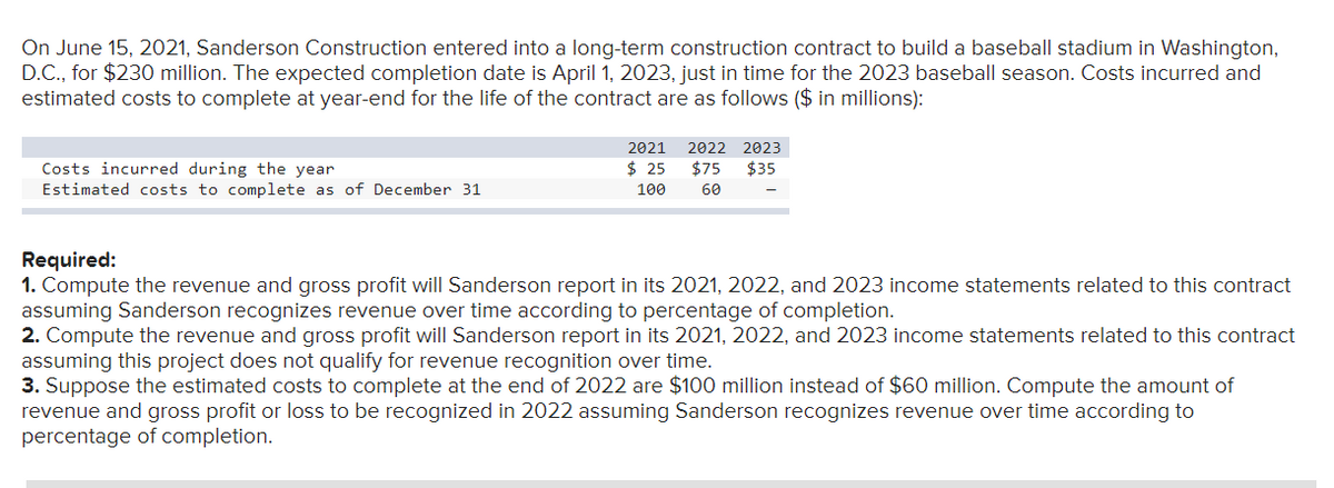 On June 15, 2021, Sanderson Construction entered into a long-term construction contract to build a baseball stadium in Washington,
D.C., for $230 million. The expected completion date is April 1, 2023, just in time for the 2023 baseball season. Costs incurred and
estimated costs to complete at year-end for the life of the contract are as follows ($ in millions):
Costs incurred during the year
2021 2022 2023
$ 25 $75 $35
100 60
Estimated costs to complete as of December 31
Required:
1. Compute the revenue and gross profit will Sanderson report in its 2021, 2022, and 2023 income statements related to this contract
assuming Sanderson recognizes revenue over time according to percentage of completion.
2. Compute the revenue and gross profit will Sanderson report in its 2021, 2022, and 2023 income statements related to this contract
assuming this project does not qualify for revenue recognition over time.
3. Suppose the estimated costs to complete at the end of 2022 are $100 million instead of $60 million. Compute the amount of
revenue and gross profit or loss to be recognized in 2022 assuming Sanderson recognizes revenue over time according to
percentage of completion.