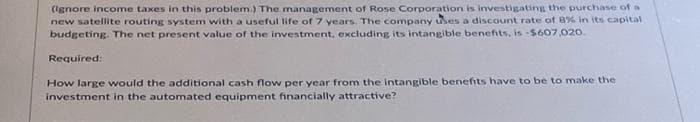 (Ignore income taxes in this problem.) The management of Rose Corporation is investigating the purchase of a
new satellite routing system with a useful life of 7 years. The company uses a discount rate of 8% in its capital
budgeting. The net present value of the investment, excluding its intangible benefits, is -$607,020.
Required:
How large would the additional cash flow per year from the intangible benefits have to be to make the
investment in the automated equipment financially attractive?