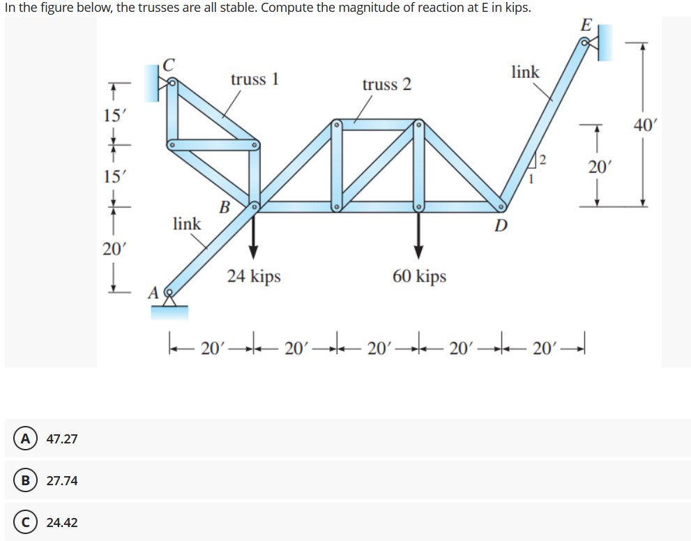 In the figure below, the trusses are all stable. Compute the magnitude of reaction at E in kips.
E
link
truss 1
truss 2
15'
40'
12
20'
15'
В
link
D
20'
24 kips
60 kips
A
e 20°– 20' →le– 20'→e– 20' →e– 20'-
A
47.27
27.74
24.42
