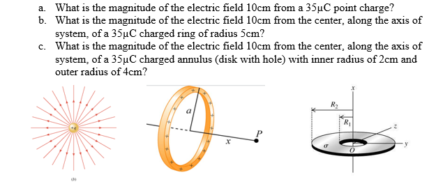 a. What is the magnitude of the electric field 10cm from a 35µC point charge?
b. What is the magnitude of the electric field 10cm from the center, along the axis of
system, of a 35µC charged ring of radius 5cm?
c. What is the magnitude of the electric field 10cm from the center, along the axis of
system, of a 35µC charged annulus (disk with hole) with inner radius of 2cm and
outer radius of 4cm?
a

