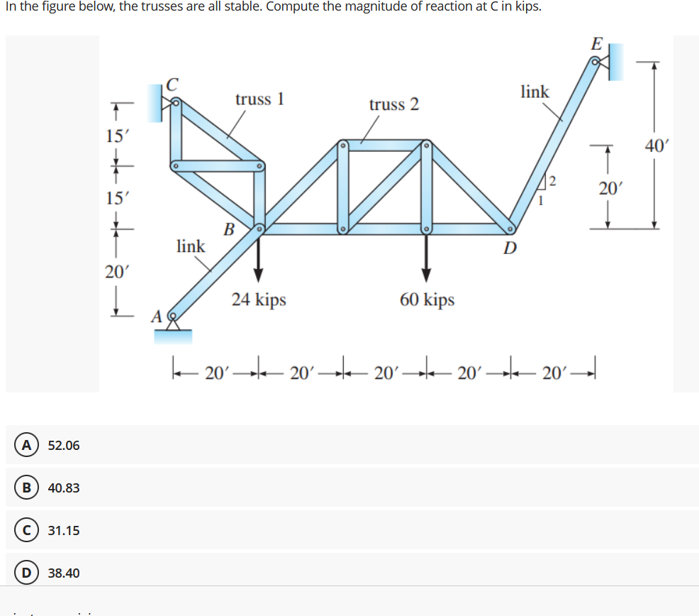 In the figure below, the trusses are all stable. Compute the magnitude of reaction at C in kips.
E
link
truss 1
truss 2
15'
40'
20'
15'
В
link
D
20'
24 kips
60 kips
A
k 20'e 20' →t 20'–→k– 20' →le 20'–|
A
52.06
B
40.83
31.15
D
38.40
