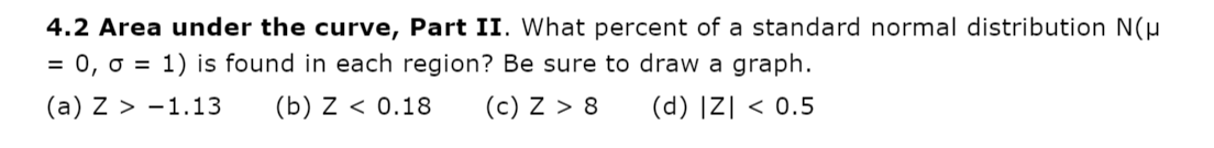 4.2 Area under the curve, Part II. What percent of a standard normal distribution N(u
= 0, o = 1) is found in each region? Be sure to draw a graph.
(a) Z > -1.13
(b) Z < 0.18
(c) Z > 8
(d) |Z] < 0.5
