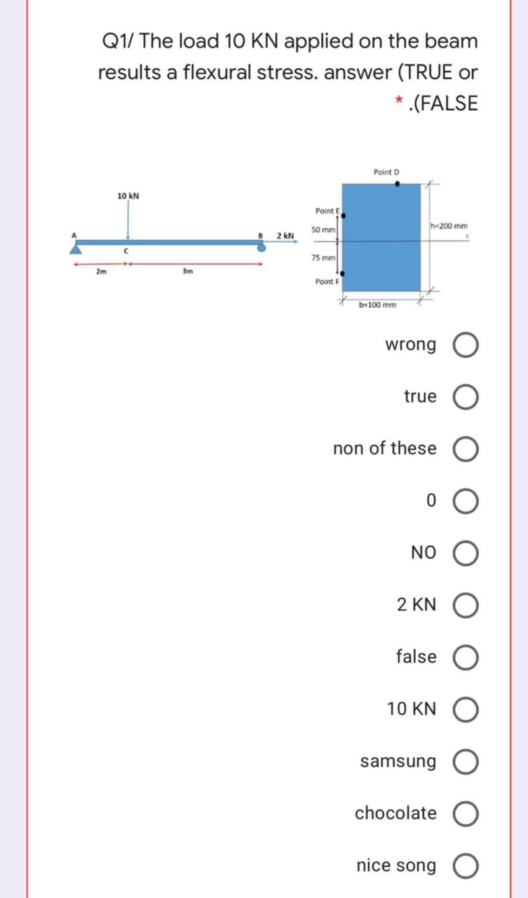 Q1/ The load 10 KN applied on the beam
results a flexural stress. answer (TRUE or
.(FALSE
Point D
10 kN
Point E
50 mm
h-200 mm
2 kN
75 mm
2m
3m
Point F
b-100 mm
wrong
true
non of these O
NO
2 KN O
false
10 KN
samsung O
chocolate
nice song O
