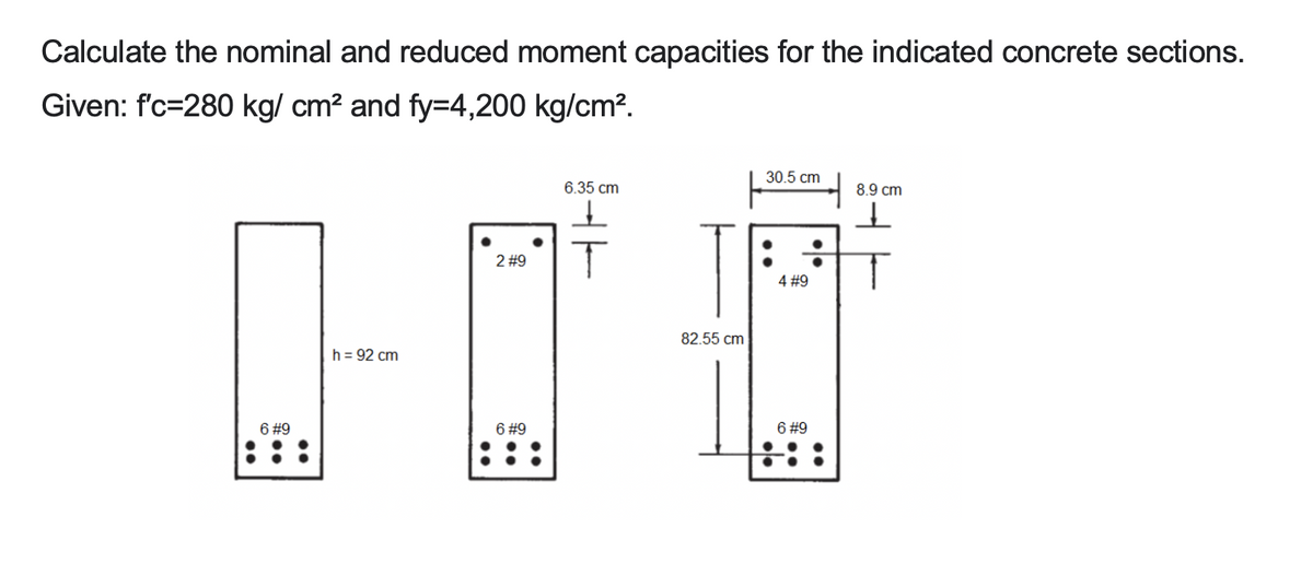 Calculate the nominal and reduced moment capacities for the indicated concrete sections.
Given: f'c-280 kg/ cm² and fy=4,200 kg/cm².
30.5 cm
6.35 cm
8.9 cm
4 #9
h = 92 cm
6 #9
2 #9
6 #9
82.55 cm
6 #9
:::