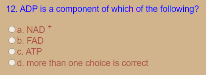 12. ADP is a component of which of the following?
a. NAD *
Ob. FAD
C. ATP
d. more than one choice is correct
