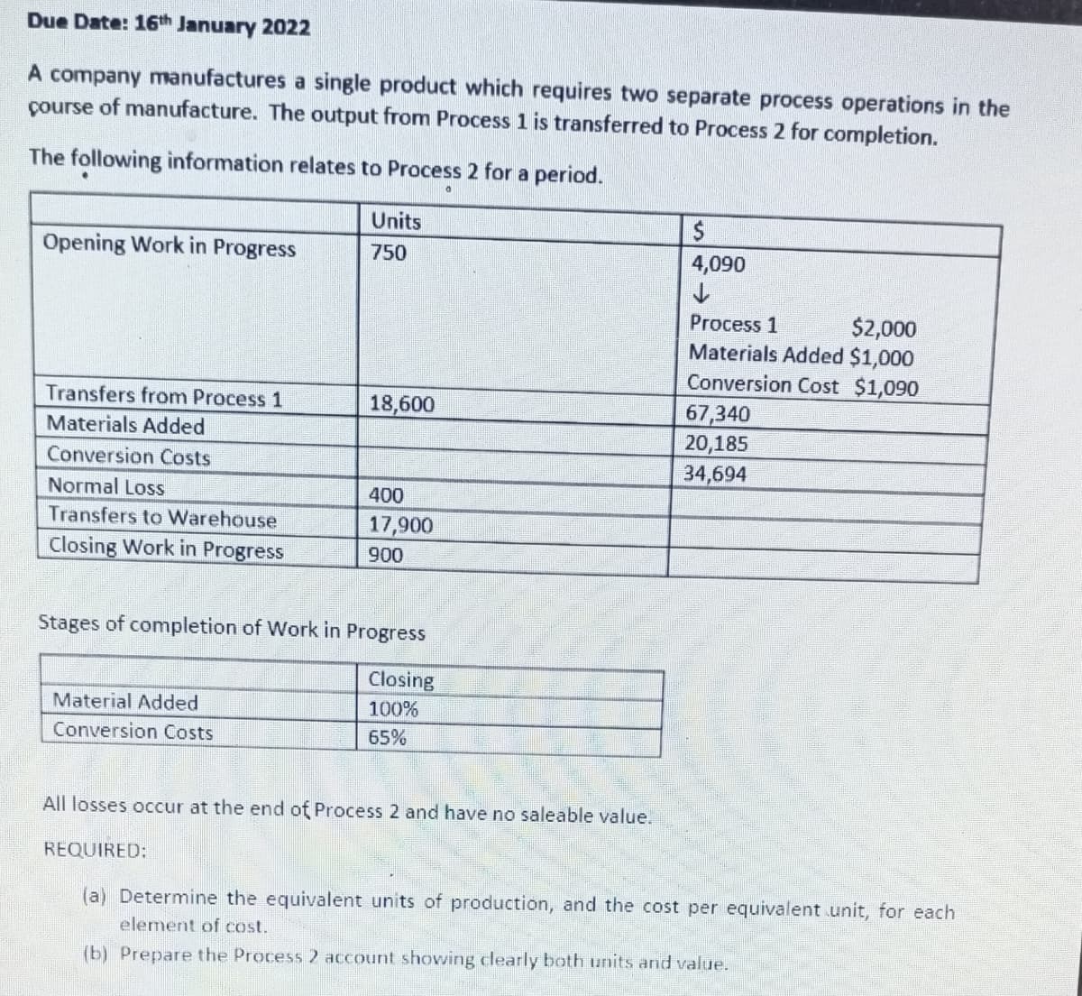 Due Date: 16th January 2022
A company manufactures a single product which requires two separate process operations in the
çourse of manufacture. The output from Process 1 is transferred to Process 2 for completion.
The following information relates to Process 2 for a period.
Units
Opening Work in Progress
750
4,090
$2,000
Materials Added $1,000
Conversion Cost $1,090
Process 1
Transfers from Process 1
18,600
67,340
20,185
34,694
Materials Added
Conversion Costs
Normal Loss
400
Transfers to Warehouse
17,900
Closing Work in Progress
900
Stages of completion of Work in Progress
Closing
Material Added
100%
Conversion Costs
65%
All losses occur at the end of Process 2 and have no saleable value.
REQUIRED:
(a) Determine the equivalent units of production, and the cost per equivalent unit, for each
element of cost.
(b) Prepare the Process 2 account showing clearly both units and value.
