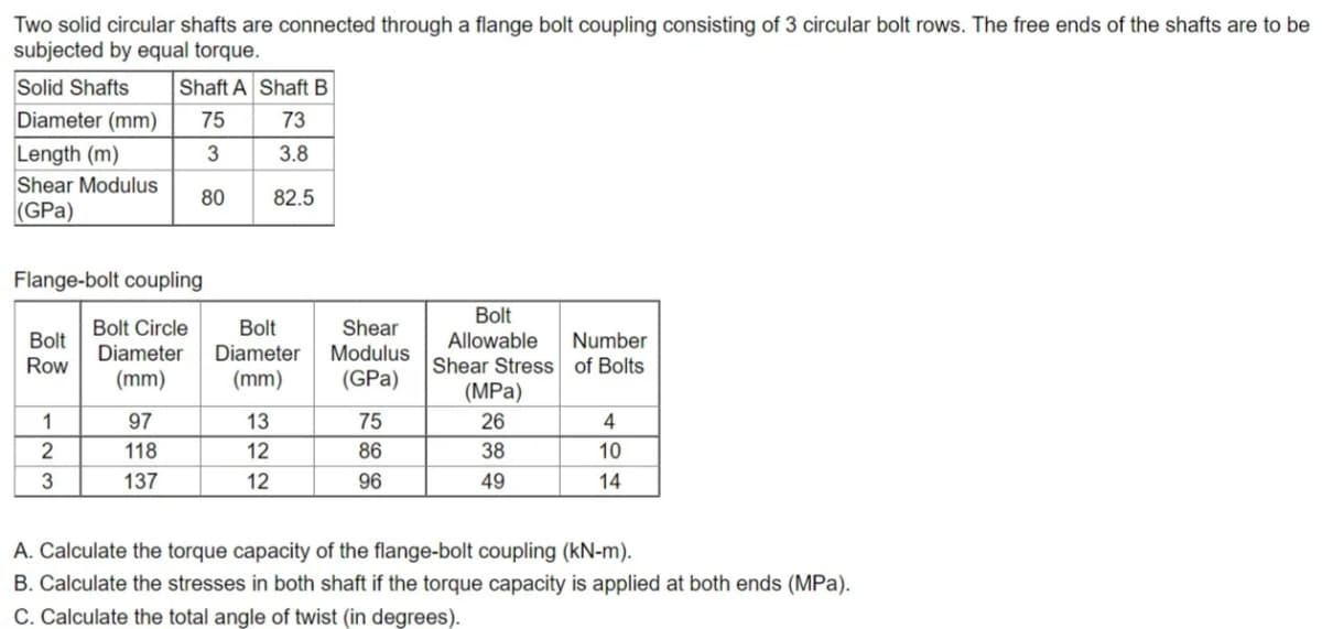 Two solid circular shafts are connected through a flange bolt coupling consisting of 3 circular bolt rows. The free ends of the shafts are to be
subjected by equal torque.
Solid Shafts
Shaft A Shaft B
Diameter (mm)
75
73
Length (m)
3
3.8
Shear Modulus
80
82.5
(GPa)
Flange-bolt coupling
Bolt
Bolt Circle
Bolt
Shear
Bolt
Allowable
Number
Diameter
(mm)
Diameter
Modulus
Row
Shear Stress of Bolts
(mm)
(GPa)
(MPa)
1
97
13
75
26
4
2
118
12
86
38
10
137
12
96
49
14
A. Calculate the torque capacity of the flange-bolt coupling (kN-m).
B. Calculate the stresses in both shaft if the torque capacity is applied at both ends (MPa).
C. Calculate the total angle of twist (in degrees).
