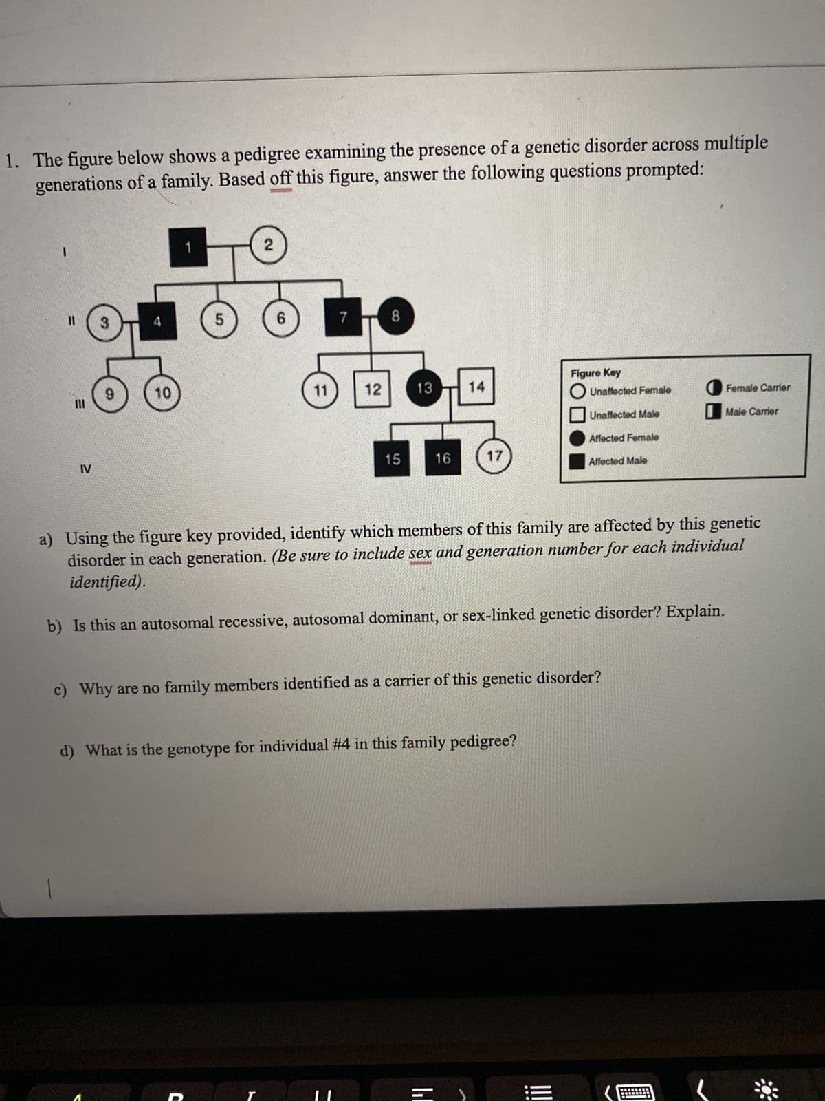 1. The figure below shows a pedigree examining the presence of a genetic disorder across multiple
generations of a family. Based off this figure, answer the following questions prompted:
||
IV
3
9
10
5
2
C
6
11
T
7
12
8
15
13
16
14
17
d) What is the genotype for individual #4 in this family pedigree?
|||
c) Why are no family members identified as a carrier of this genetic disorder?
Figure Key
a) Using the figure key provided, identify which members of this family are affected by this genetic
disorder in each generation. (Be sure to include sex and generation number for each individual
identified).
b) Is this an autosomal recessive, autosomal dominant, or sex-linked genetic disorder? Explain.
Unaffected Female
Unaffected Male
Affected Female
|||
Affected Male
Female Carrier
Male Carrier