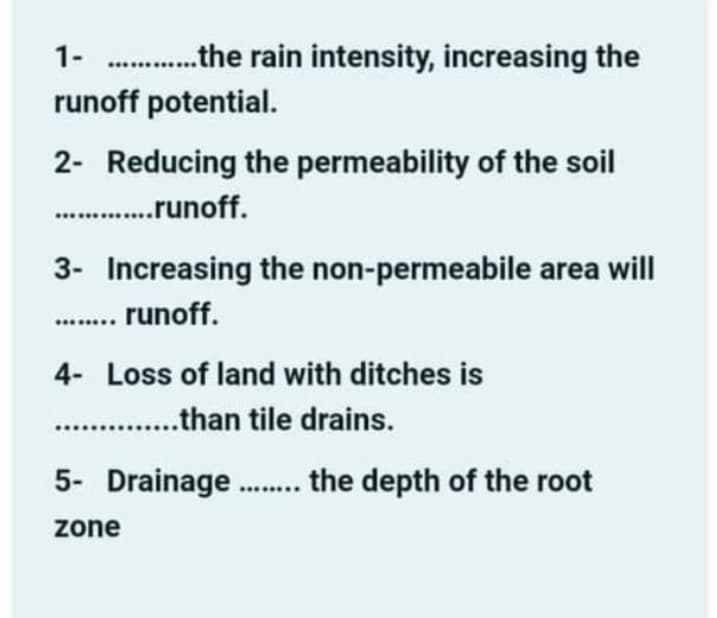 1- .the rain intensity, increasing the
runoff potential.
2- Reducing the permeability of the soil
.runoff.
...
3- Increasing the non-permeabile area will
.. runoff.
4- Loss of land with ditches is
.than tile drains.
5- Drainage . the depth of the root
zone
