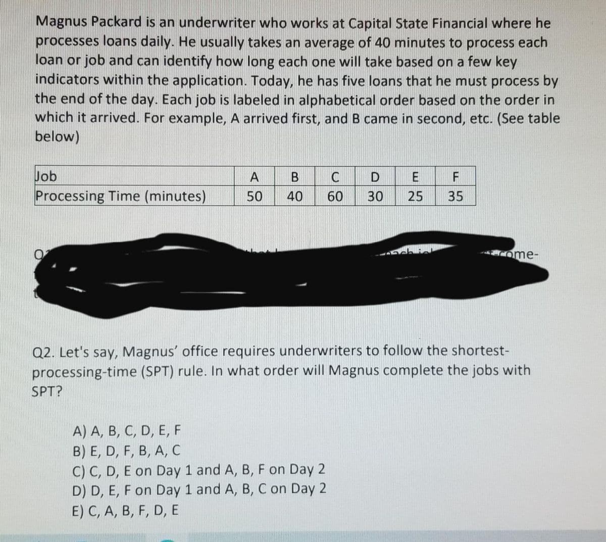 Magnus Packard is an underwriter who works at Capital State Financial where he
processes loans daily. He usually takes an average of 40 minutes to process each
loan or job and can identify how long each one will take based on a few key
indicators within the application. Today, he has five loans that he must process by
the end of the day. Each job is labeled in alphabetical order based on the order in
which it arrived. For example, A arrived first, and B came in second, etc. (See table
below)
Job
Processing Time (minutes)
A
B
50 40
SPT?
C
D
E
F
60 30 25 35
Q2. Let's say, Magnus' office requires underwriters to follow the shortest-
processing-time (SPT) rule. In what order will Magnus complete the jobs with
A) A, B, C, D, E, F
B) E, D, F, B, A, C
C) C, D, E on Day 1 and A, B, F on Day 2
D) D, E, F on Day 1 and A, B, C on Day 2
E) C, A, B, F, D, E
come-