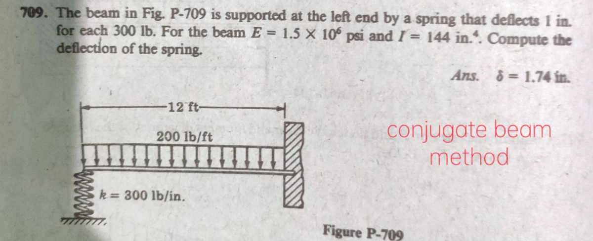 709. The beam in Fig. P-709 is supported at the left end by a spring that deflects 1 in.
for each 300 lb. For the beam E = 1.5 × 10° psi and I = 144 in.. Compute the
deflection of the spring.
Ans. 8= 1.74 in.
-12 ft-
conjugate beam
method
200 lb/ft
k= 300 lb/in.
Figure P-709
ww
