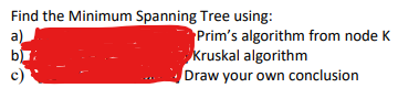 Find the Minimum Spanning Tree using:
a)
b)I
Prim's algorithm from node K
Kruskal algorithm
Draw your own conclusion