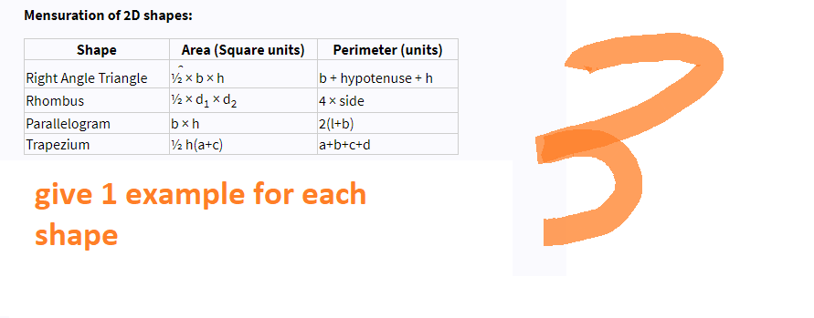 Mensuration of 2D shapes:
Shape
Right Angle Triangle
Rhombus
Parallelogram
Trapezium
Area (Square units)
½ xbxh
1/2 x d₁ × d₂
bxh
½ h(a+c)
Perimeter (units)
b + hypotenuse + h
4 x side
2(l+b)
a+b+c+d
give 1 example for each
shape
3