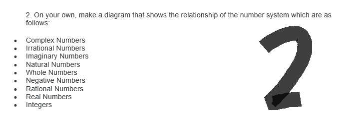 2. On your own, make a diagram that shows the relationship of the number system which are as
follows:
2
Complex Numbers
Irrational Numbers
Imaginary Numbers
Natural Numbers
Whole Numbers
Negative Numbers
Rational Numbers
Real Numbers
Integers