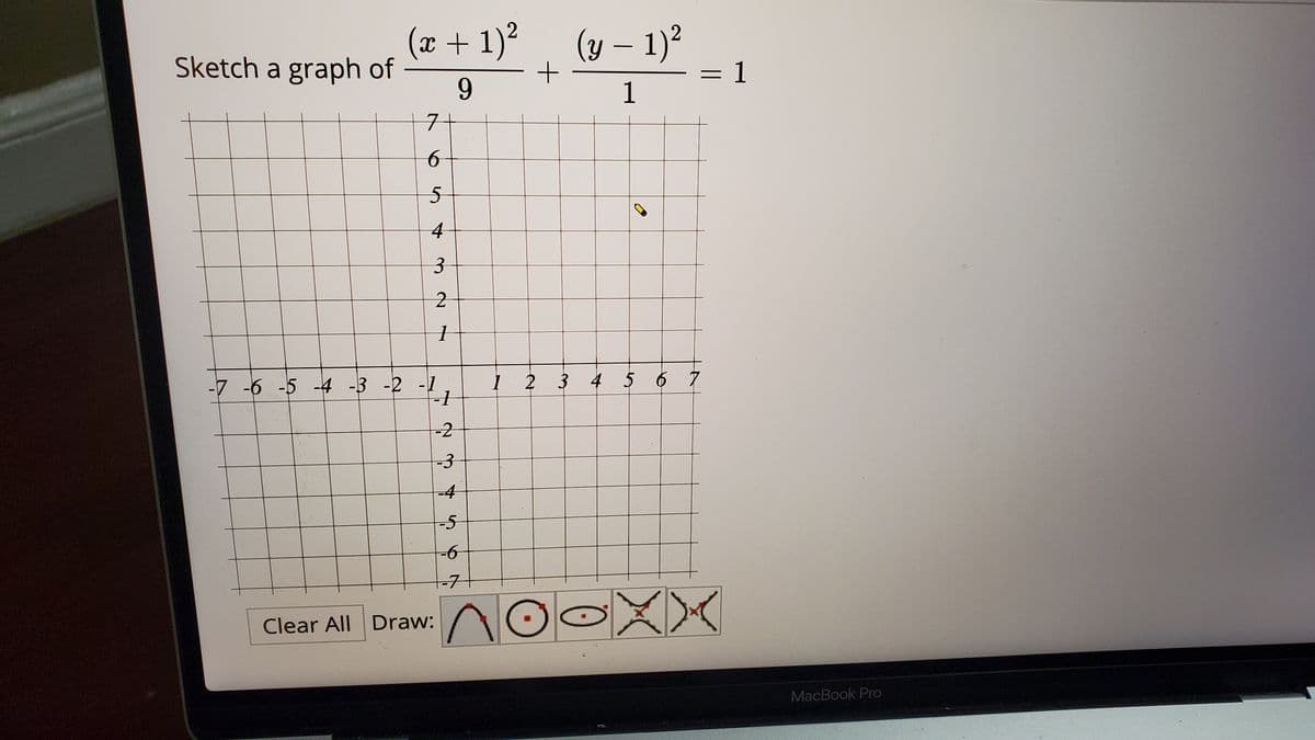 (x + 1)²
(y – 1)²
= 1
-
Sketch a graph of
9
1
4
3.
-7 -6 -5 -4 -3 -2 -1
1 2 3 4 5
6 7
-2
-3
-4
-5
9-
-7
XX
Clear All Draw:
MacBook Pro
