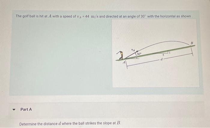 The golf ball is hit at A with a speed of v₁ = 44 m/s and directed at an angle of 30° with the horizontal as shown.
Part A
Determine the distance d where the ball strikes the slope at B.
30