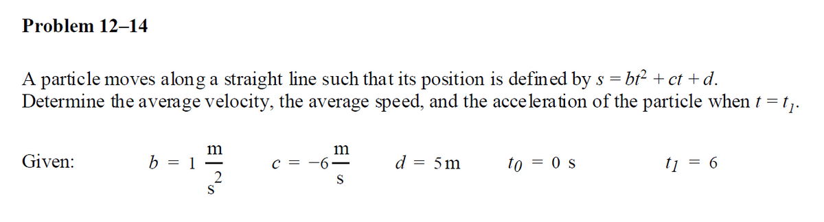 Problem 12–14
A particle moves along a straight line such that its position is defin ed by s =
Determine the average velocity, the average speed, and the acceleration of the particle when t = t,-
bt2 + ct + d.
Given:
b
c = -6–
d = 5m
to = 0 s
t =
= 1
2
S
