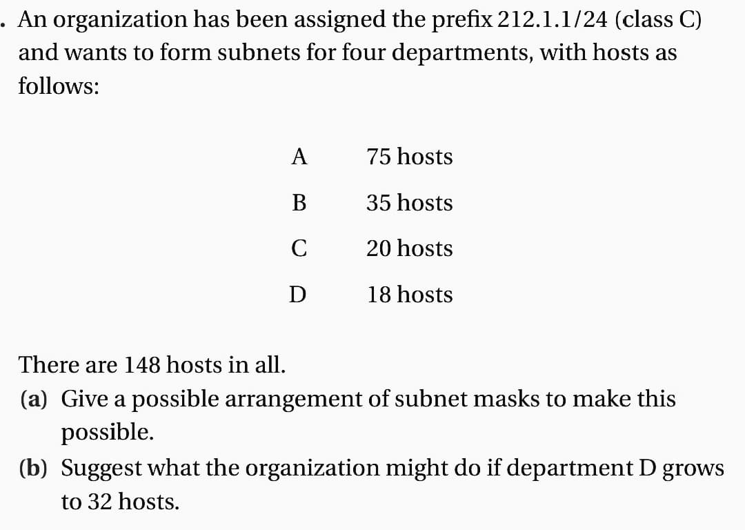 • An organization has been assigned the prefix 212.1.1/24 (class C)
and wants to form subnets for four departments, with hosts as
follows:
A
B
C
D
75 hosts
35 hosts
20 hosts
18 hosts
There are 148 hosts in all.
(a) Give a possible arrangement of subnet masks to make this
possible.
(b) Suggest what the organization might do if department D grows
to 32 hosts.