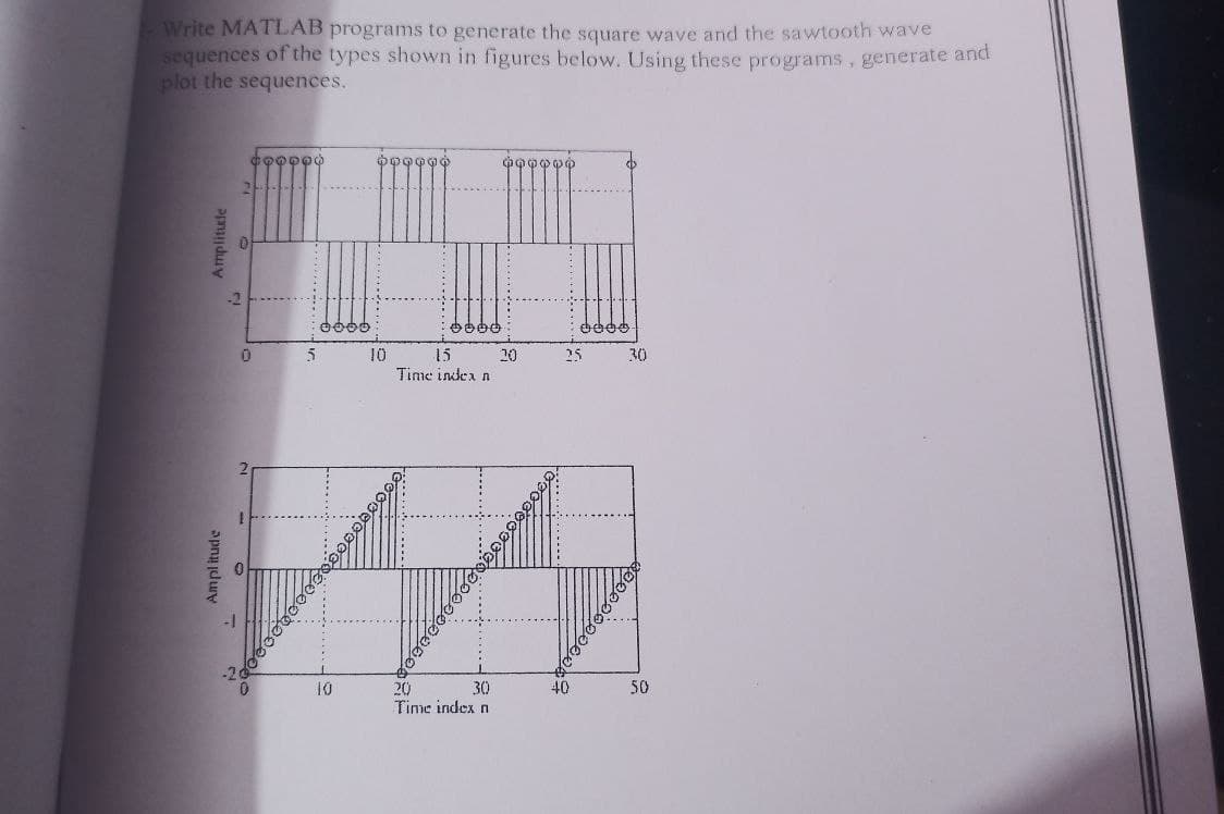 Write MATLAB programs to generate the square wave and the sawtooth wave
sequences of the types shown in figures below. Using these programs, generate and
plot the sequences.
Amplitule
Amplitude
0
0
5
10
10
15
Time index n
20
30
Time index n
GOOOOO
20
40
Dep
30
50