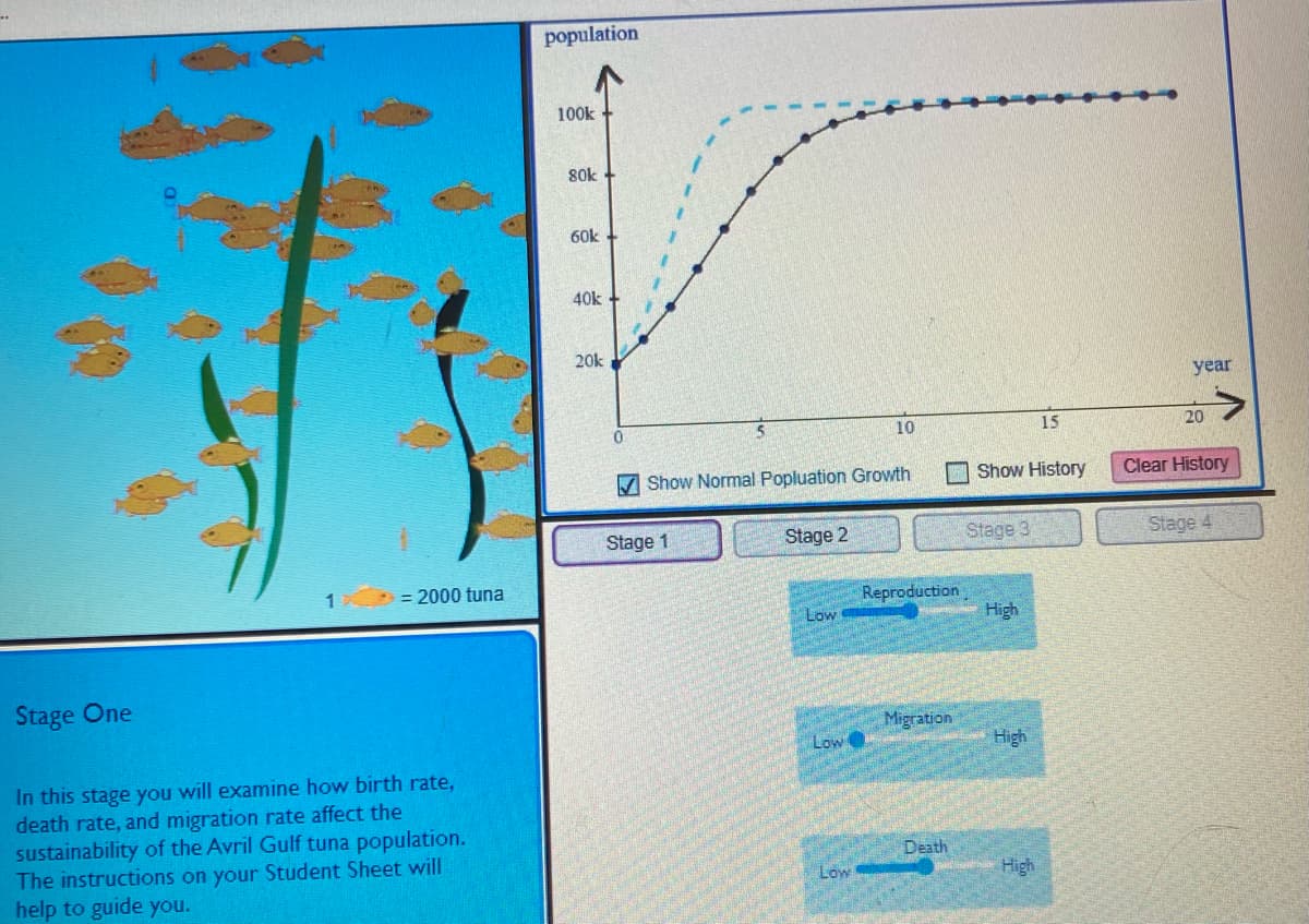 population
100k
80k
60k
40k
20k
year
10
15
20
M Show Normal Popluation Growth
A Show History
Clear History
Stage 1
Stage 2
Stage 3
Stage 4
= 2000 tuna
Reproduction
High
Low
Stage One
Migration
Low
High
In this stage you will examine how birth rate,
death rate, and migration rate affect the
sustainability of the Avril Gulf tuna population.
The instructions on your Student Sheet will
help to guide you.
Death
Low
High
