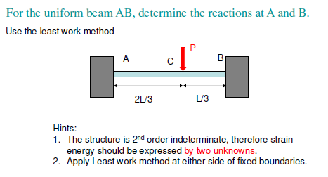 For the uniform beam AB, determine the reactions at A and B.
Use the least work method
A
B
2L/3
L/3
Hints:
1. The structure is 2nd order indeterminate, therefore strain
energy should be expressed by two unknowns.
2. Apply Least work method at either side of fixed boundaries.
P.
