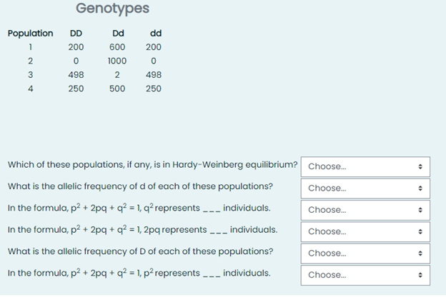 Population DD
1
200
0
498
250
2
Genotypes
3
4
Dd
600
1000
2
500
dd
200
0
498
250
Which of these populations, if any, is in Hardy-Weinberg equilibrium? Choose....
What is the allelic frequency of d of each of these populations?
In the formula, p² + 2pq+q² = 1, q² represents ____ individuals.
In the formula, p² + 2pq+q² = 1, 2pq represents ___ individuals.
What is the allelic frequency of D of each of these populations?
In the formula, p² + 2pq+q² = 1, p² represents ___ individuals.
Choose...
Choose...
Choose...
Choose...
Choose...
●
÷