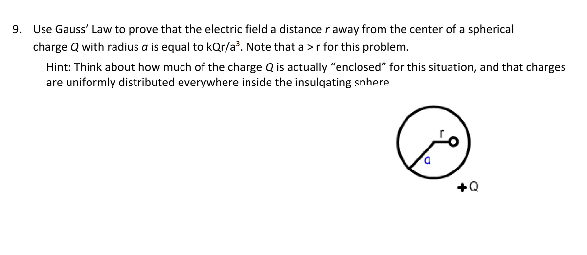 9. Use Gauss' Law to prove that the electric field a distance r away from the center of a spherical
charge Q with radius a is equal to kQr/a³. Note that a > r for this problem.
Hint: Think about how much of the charge Q is actually "enclosed" for this situation, and that charges
are uniformly distributed everywhere inside the insulqating sphere.
+Q