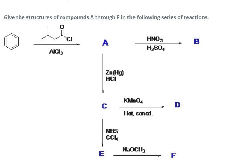 Give the structures of compounds A through F in the following series of reactions.
CI
A
HNO3
B
в
HSO4
AICI3
Zn(Hg)
HCI
KMn04
D
Hot, concd.
NBS
NaOCH3
E
F
