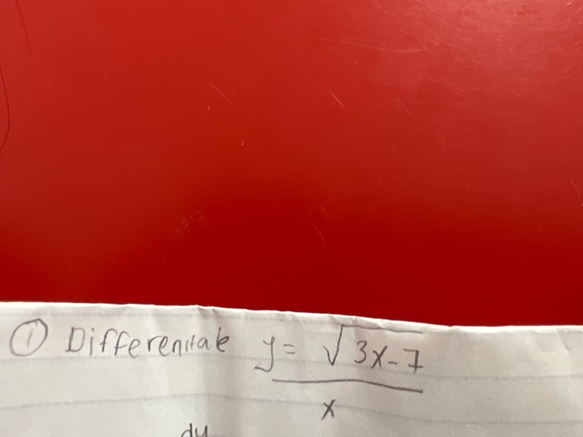 ### Calculus Problem: Differentiation 

**Problem: 1. Differentiate \( y = \sqrt{3x - 7} \)**

#### Solution Steps:

1. **Identify the function to differentiate:** 
   \( y = \sqrt{3x - 7} \)

2. **Rewrite the function in exponential form:**
   \( y = (3x - 7)^{1/2} \)

3. **Apply the chain rule for differentiation:**
   - The chain rule states that the derivative of \( y \) with respect to \( x \) is \( dy/dx = (dy/du) \cdot (du/dx) \), where \( u = 3x - 7 \).

4. **Differentiate the outer function (power rule):**
   - Let \( u = 3x - 7 \)
   - Then, \( y = u^{1/2} \)
   - By the power rule, \( dy/du = \frac{1}{2}u^{-1/2} \)

5. **Differentiate the inner function:**
   - \( du/dx = 3 \)

6. **Combine the derivatives using the chain rule:**
   - \( dy/dx = (dy/du) \cdot (du/dx) \)
   - \( dy/dx = \frac{1}{2}u^{-1/2} \cdot 3 \)
   - Substitute back \( u = 3x - 7 \)
   - \( dy/dx = \frac{3}{2}(3x - 7)^{-1/2} \)

7. **Simplify the expression:**
   - \( dy/dx = \frac{3}{2\sqrt{3x - 7}} \)

Thus, the derivative of \( y = \sqrt{3x - 7} \) with respect to \( x \) is \( \frac{3}{2\sqrt{3x - 7}} \).

### Conclusion:

The differentiation problem demonstrates the application of the chain rule in finding the derivative of a composite function. This rule is essential for handling more complex differentiation tasks in calculus. Always ensure to express the final solution in its simplest form.