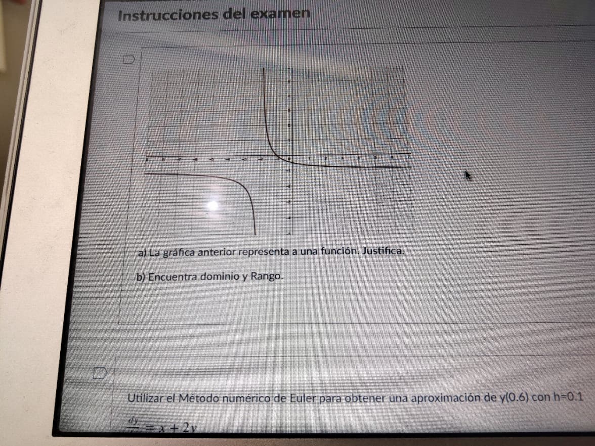 Instrucciones del examnen
a) La gráfica anterior representa a una función. Justifica.
b) Encuentra dominio y Rango.
D.
Utilizar el Método numérico de Euler para obtener una aproximación de y(0.6) con h=0.1
