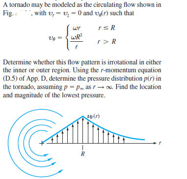 A tornado may be modeled as the circulating flow shown in
Fig. :
, with v, = v, = (0 and v(r) such that
wr
rsR
Vg = {wR
r> R
Determine whether this flow pattern is irotational in either
the inner or outer region. Using the r-momentum equation
(D.5) of App. D, determine the pressure distribution p(r) in
the tornado, assuming p = po as r→ o. Find the location
and magnitude of the lowest pressure.
(r)
-r
