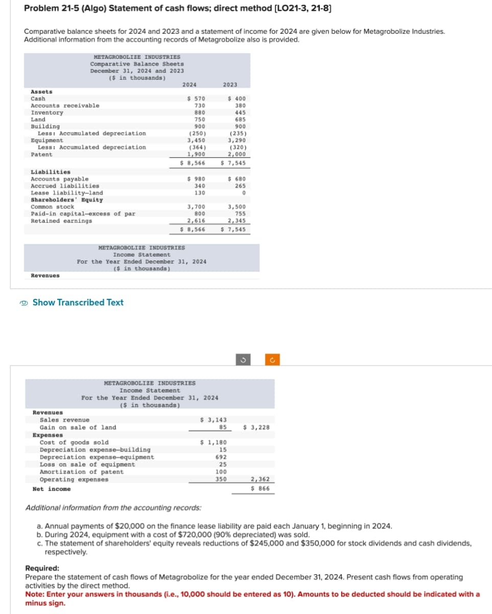 Problem 21-5 (Algo) Statement of cash flows; direct method [LO21-3, 21-8]
Comparative balance sheets for 2024 and 2023 and a statement of income for 2024 are given below for Metagrobolize Industries.
Additional information from the accounting records of Metagrobolize also is provided.
Assets
Cash
Accounts receivable
Inventory
Land
Building
Less: Accumulated depreciation
Equipment
Less: Accumulated depreciation
Patent
Liabilities
Accounts payable
Accrued liabilities
Lease liability-land
Shareholders' Equity
Common stock
Paid-in capital-excess of par
Retained earnings
Revenues
METAGROBOLIZE INDUSTRIES
Comparative Balance Sheets
December 31, 2024 and 2023
($ in thousands)
Revenues
Show Transcribed Text
Expenses
Net income
METAGROBOLIZE INDUSTRIES
Income Statement
Sales revenue
Gain on sale of land
2024
Cost of goods sold
$ 570
730
880
Depreciation expense-building
Depreciation expense-equipment
Loss on sale of equipment
Amortization of patent
Operating expenses
750
900
(250)
3,450
(364)
1,900
$ 8,566
For the Year Ended December 31, 2024
($ in thousands)
$ 980
340
130
3,700
800
2,616
$ 8,566
METAGROBOLIZE INDUSTRIES
Income Statement
For the Year Ended December 31, 2024
($ in thousands)
2023
445
685
900
(235)
3,290
(320)
2,000
$ 7,545
$ 3,143
85
$ 400
380
3,500
755
2,345
$ 7,545
$ 1,180
15
692
25
100
350
$ 680
265
0
$ 3,228
2,362
$ 866
Additional information from the accounting records:
a. Annual payments of $20,000 on the finance lease liability are paid each January 1, beginning in 2024.
b. During 2024, equipment with a cost of $720,000 (90% depreciated) was sold.
c. The statement of shareholders' equity reveals reductions of $245,000 and $350,000 for stock dividends and cash dividends,
respectively.
Required:
Prepare the statement of cash flows of Metagrobolize for the year ended December 31, 2024. Present cash flows from operating
activities by the direct method.
Note: Enter your answers in thousands (i.e., 10,000 should be entered as 10). Amounts to be deducted should be indicated with a
minus sign.