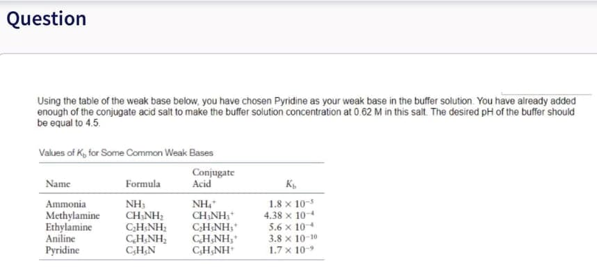 Question
Using the table of the weak base below, you have chosen Pyridine as your weak base in the buffer solution. You have already added
enough of the conjugate acid salt to make the buffer solution concentration at 0.62 M in this salt. The desired pH of the buffer should
be equal to 4.5.
Values of K, for Some Common Weak Bases
Conjugate
Acid
Name
Formula
1.8 x 10-5
4.38 x 10-4
5.6 x 104
3.8 x 10-10
1.7 x 10-9
Ammonia
Methylamine
Ethylamine
Aniline
Pyridine
NH3
CH;NH;
CH&NH;
CH&NH,
CH&N
NH4
CH;NH,
CH&NH,
CH;NH
HN'HD
