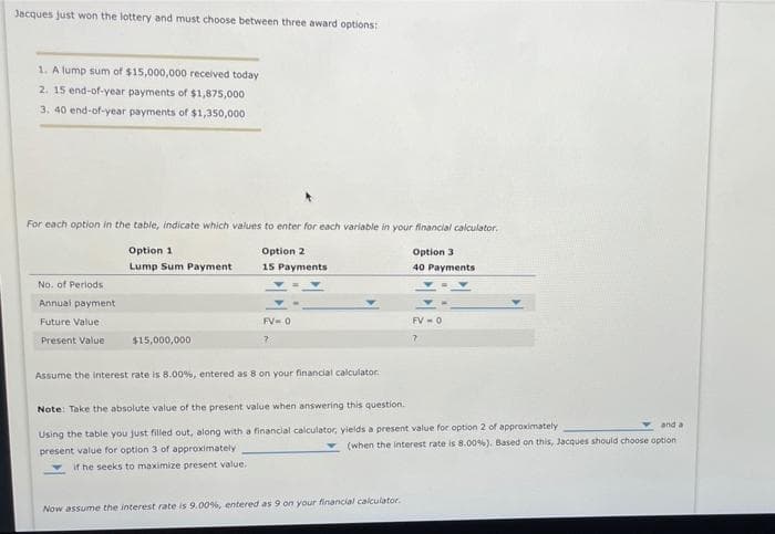 Jacques just won the lottery and must choose between three award options:
1. A lump sum of $15,000,000 received today
2. 15 end-of-year payments of $1,875,000
3, 40 end-of-year payments of $1,350,000
For each option in the table, indicate which values to enter for each variable in your financial calculator.
Option 1
Option 2
Option 3
40 Payments
Lump Sum Payment
15 Payments
No. of Periods
Annual payment
Future Value
Present Value
FV=0
7
Assume the interest rate is 8.00%, entered as 8 on your financial calculator.
Note: Take the absolute value of the present value when answering this question.
Using the table you just filled out, along with a financial calculator, yields a present value for option 2 of approximately
present value for option 3 of approximately
if he seeks to maximize present value.
$15,000,000
FV-0
7
and a
(when the interest rate is 8.00%). Based on this, Jacques should choose option
Now assume the interest rate is 9.00%, entered as 9 on your financial calculator.