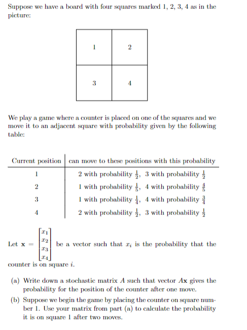 Suppose we have a board with four squares marked 1, 2, 3, 4 as in the
picture:
3
We play a game where a counter is placed on one of the squares and we
move it to an adjacent square with probability given by the following
table:
Current position can move to these positions with this probability
2 with probability 4, 3 with probability
I with probability , 4 with probability
I with probability 4, 4 with probability
2 with probability , 3 with probability
2
3
4
Let x
be a vector such that r, is the probability that the
counter is on square i.
(a) Write down a stochastic matrix A such that vector Ax gives the
probability for the position of the counter after one move.
(b) Suppose we begin the game by placing the counter on square num-
ber 1. Use your matrix from part (a) to calculate the probability
it is on square I after two moves.
