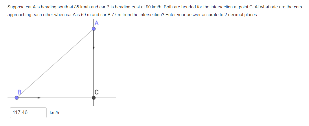 Suppose car A is heading south at 85 km/h and car B is heading east at 90 km/h. Both are headed for the intersection at point C. At what rate are the cars
approaching each other when car A is 59 m and car B 77 m from the intersection? Enter your answer accurate to 2 decimal places.
B
C
117.46
km/h
