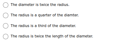 The diameter is twice the radius.
The radius is a quarter of the diamter.
The radius is a third of the diameter.
The radius is twice the length of the diameter.
