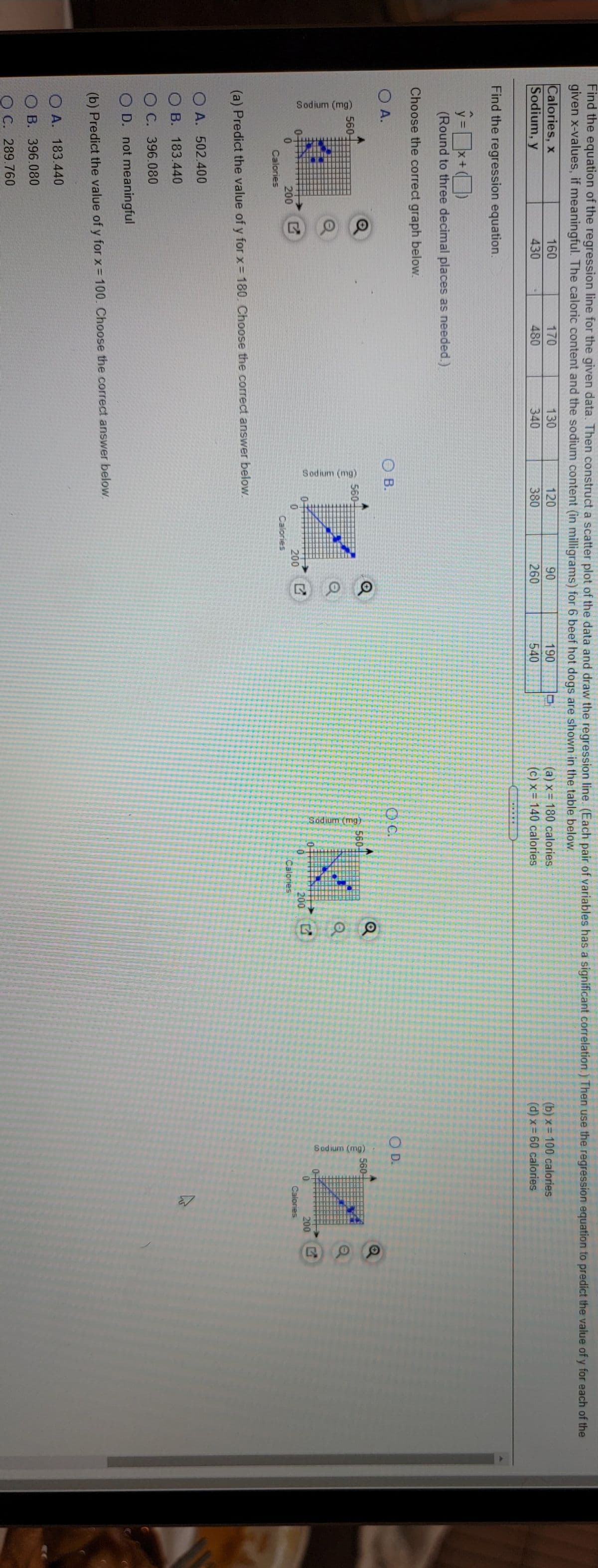 Sodium (mg)
Sodium (mg)
Sodium (mg)
Find the equation of the regression line for the given data. Then construct a scatter plot of the data and draw the regression line. (Each pair of variables has a significant correlation.) Then use the regression equation to predict the value of y for each of the
given x-values, if meaningful. The caloric content and the sodium content (in milligrams) for 6 beef hot dogs are shown in the table below
Calories, x
Sodium, y
160
170
130
120
90
190
(a) x= 180 calories
(c) x= 140 calories
(b) x = 100 calories
(d) x 60 calories
430
480
340
380
260
540
Find the regression equation.
% =
(Round to three decimal places as needed.)
Choose the correct graph below.
O A.
O B.
OC.
O D.
560-
560-
560-
560-
0-
200
200
Calories
200
200
0.
Calories
Calories
Calories
(a) Predict the value of y for x= 180. Choose the correct answer below.
O A. 502.400
O B. 183.440
O C. 396.080
O D. not meaningful
%3D
(b) Predict the value of y for x= 100. Choose the correct answer below.
O A. 183.440
O B. 396.080
O C. 289.760
