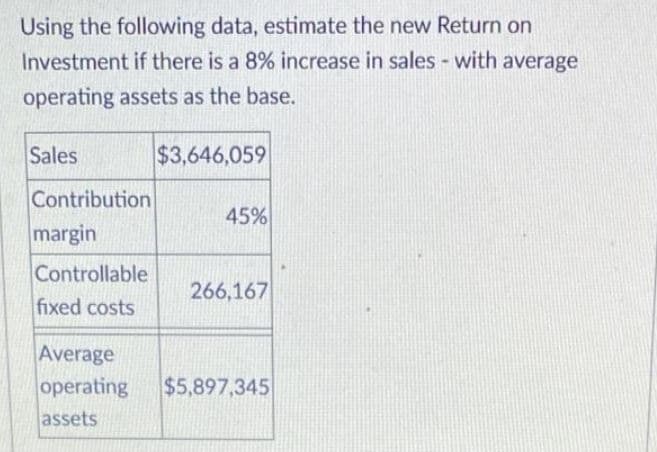 Using the following data, estimate the new Return on
Investment if there is a 8% increase in sales - with average
operating assets as the base.
Sales
Contribution
margin
Controllable
fixed costs
$3,646,059
45%
266,167
Average
operating $5,897,345
assets