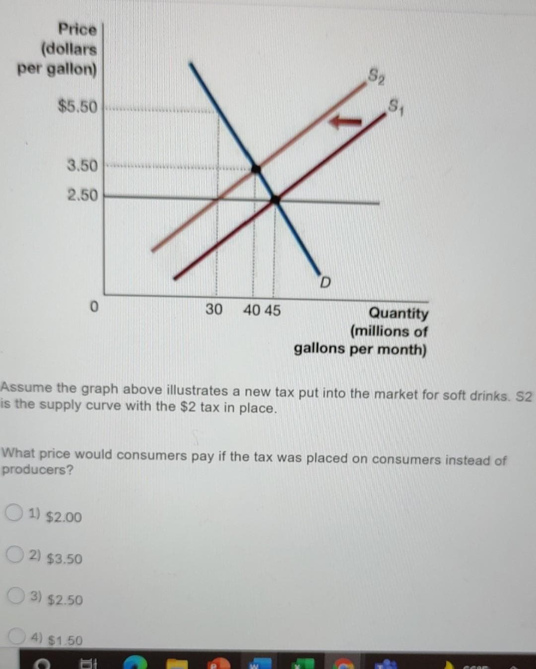 Price
(dollars
per gallon)
S2
$5.50
3.50
2.50
D
Quantity
(millions of
gallons per month)
30
40 45
Assume the graph above illustrates a new tax put into the market for soft drinks. S2
is the supply curve with the $2 tax in place.
What price would consumers pay if the tax was placed on consumers instead of
producers?
1) $2.00
O 2) $3.50
3) $2.50
4) $1.50
