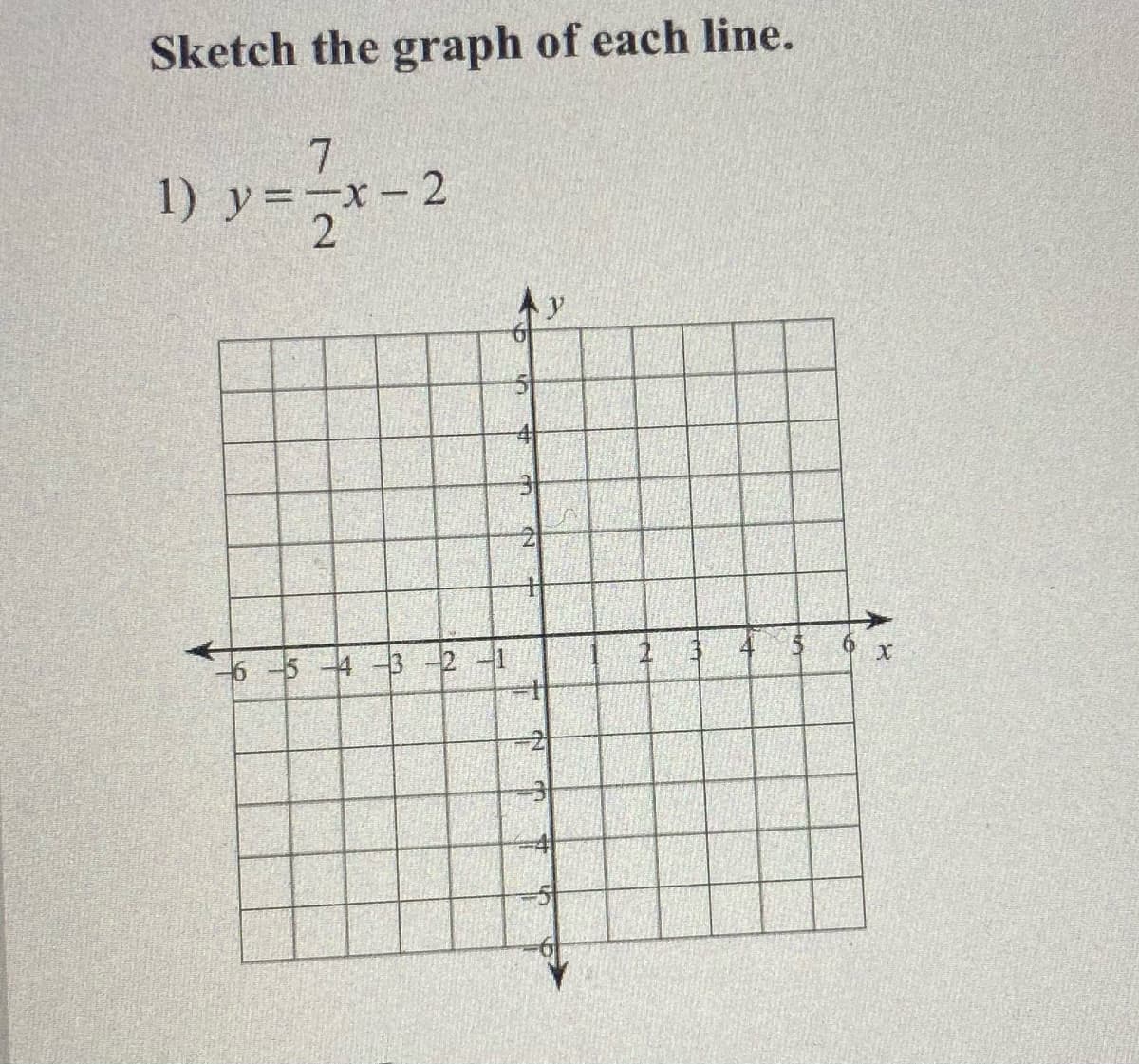 Sketch the graph of each line.
1) y=-x-2
2
6 -5 4
3 2-1
