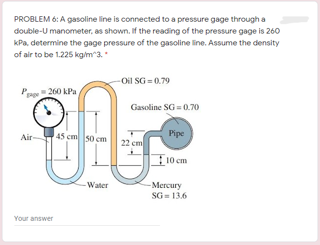 PROBLEM 6: A gasoline line is connected to a pressure gage through a
double-U manometer, as shown. If the reading of the pressure gage is 26o
kPa, determine the gage pressure of the gasoline line. Assume the density
of air to be 1.225 kg/m^3. *
-Oil SG = 0.79
Pgage = 260 kPa
Gasoline SG = 0.70
45 cm 50 cm
Pipe
Air-
22 cm
10 cm
- Mercury
SG = 13.6
Water
Your answer
