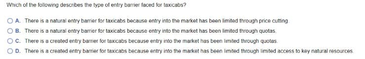 Which of the following describes the type of entry barrier faced for taxicabs?
A. There is a natural entry barrier for taxicabs because entry into the market has been limited through price cutting
B. There is a natural entry barrier for taxicabs because entry into the market has been limited through quotas.
C. There is a created entry barrier for taxicabs because entry into the market has been Ilimited through quotas.
D. There is a created entry barrier for taxicabs because entry into the market has been limited through limited access to key natural resources.
