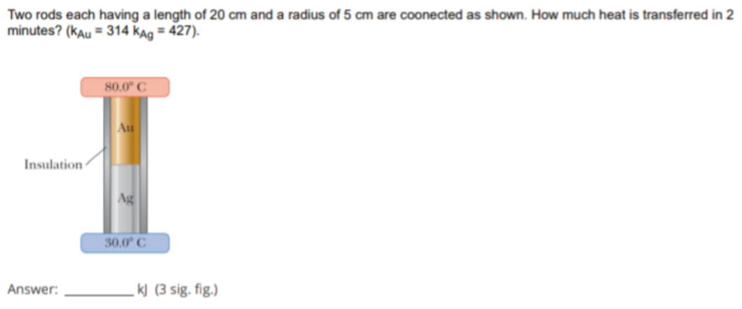 Two rods each having a length of 20 cm and a radius of 5 cm are coonected as shown. How much heat is transferred in 2
minutes? (kAu = 314 kag = 427).
80.0° C
Au
Insulation
30.0° C
I
kJ (3 sig. fig.)
Answer:
